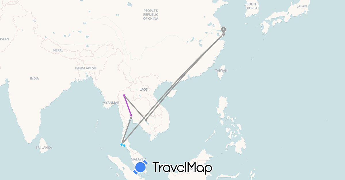 TravelMap itinerary: plane, train, boat in China, Cambodia, Thailand (Asia)